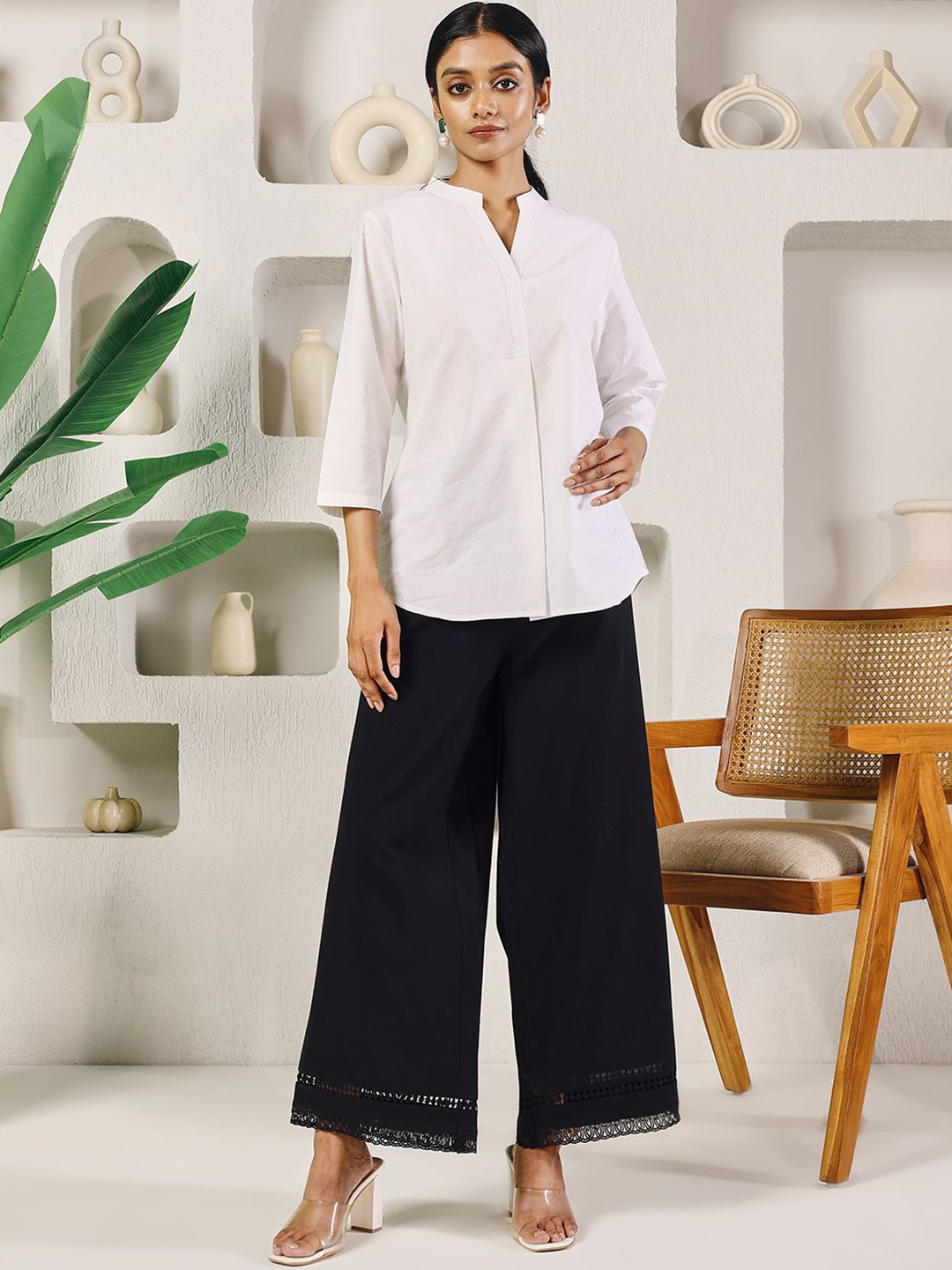 FIORRA Women Cotton Slip On Lace Palazzos