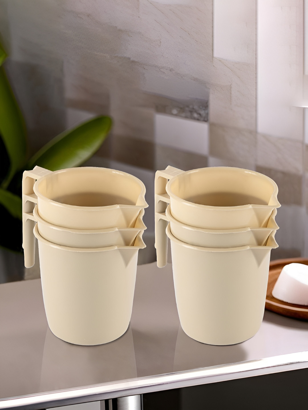 Aura Beige 6 Pcs Multi-Functional 1 Liter Plastic Mug Bathroom Durable Daily Use