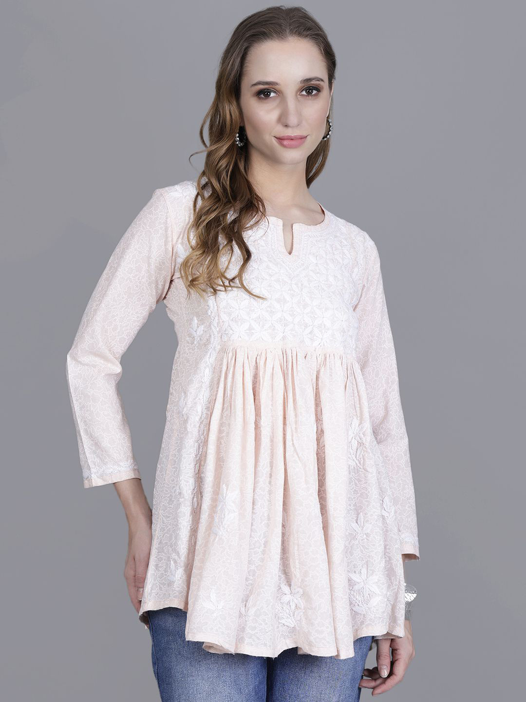 NAZAQAT ETHNIC INDIA Floral Embroidered Chikankari Peach Mulmul Brasso Cotton A-Line Kurti