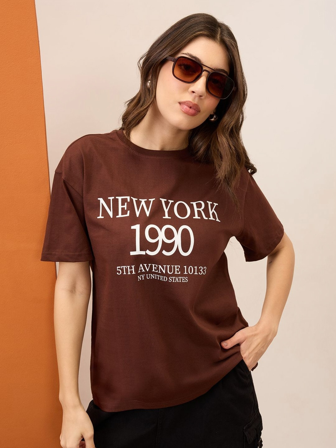 Mast & Harbour Typography Printed Round Neck Short Sleeves Regular Fit Cotton T-Shirt