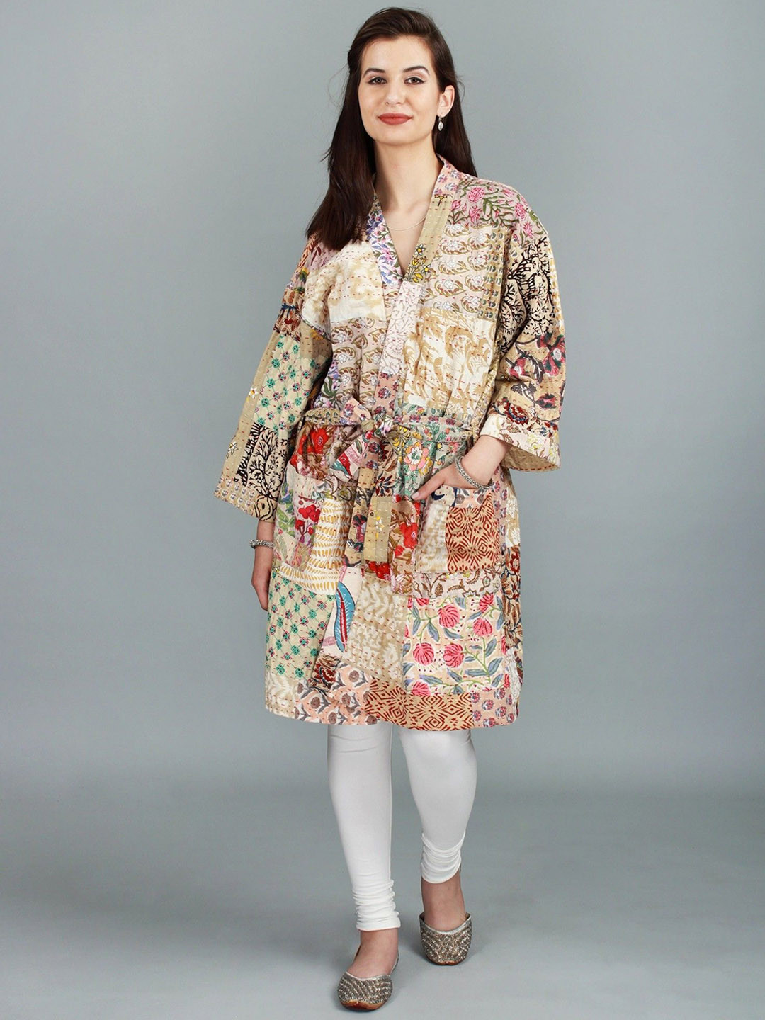 Exotic India Vintage Quilted Cotton Handmade Kantha Kimono Robe