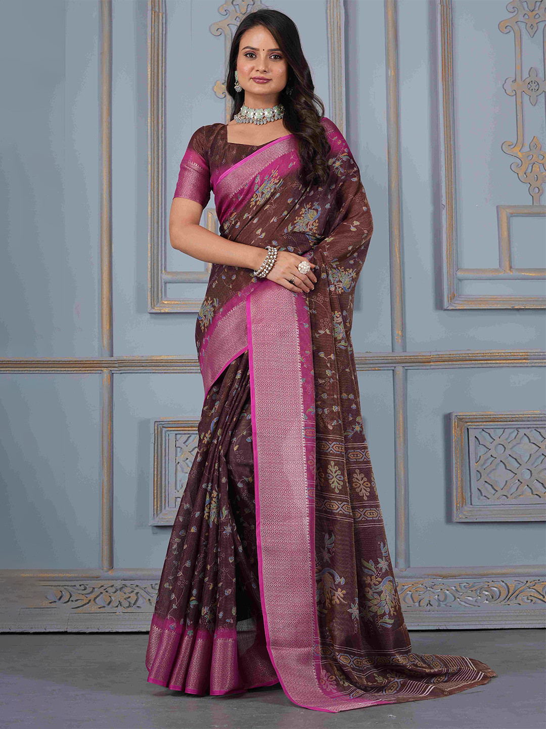 STAVA CREATION Kalamkari Printed Zari Jute Cotton Saree