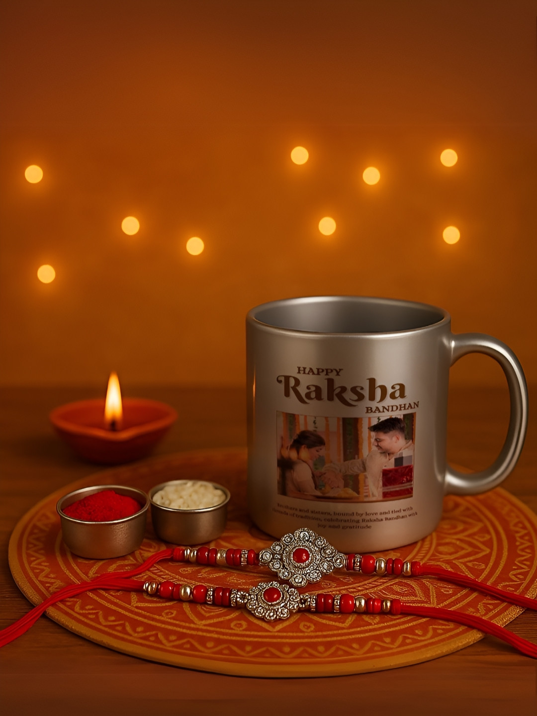 INTERNATIONAL GIFT Silver Typography Ceramic Microwave Safe Mug with 2 Rakhi and Rali, Akshat-350ml