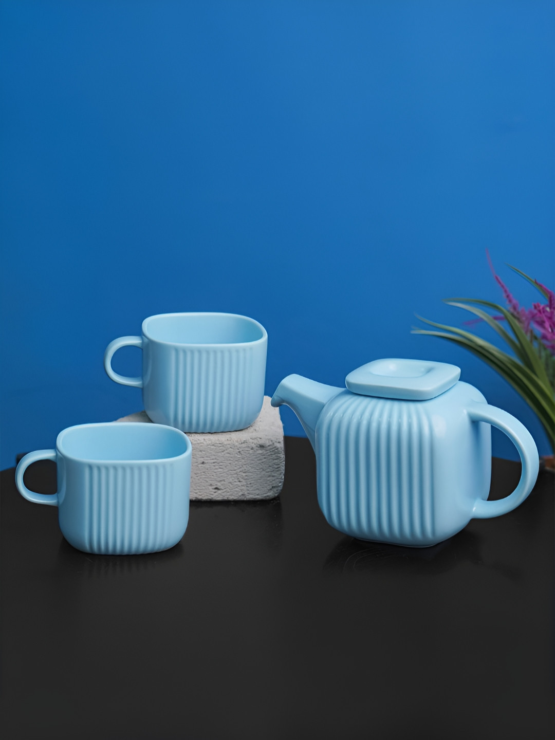 Vola Global LLP Waterfall Scenary Bright Blue Textured Porcelain Microwave Safe 2 Piece Cup with Kettle-200ml