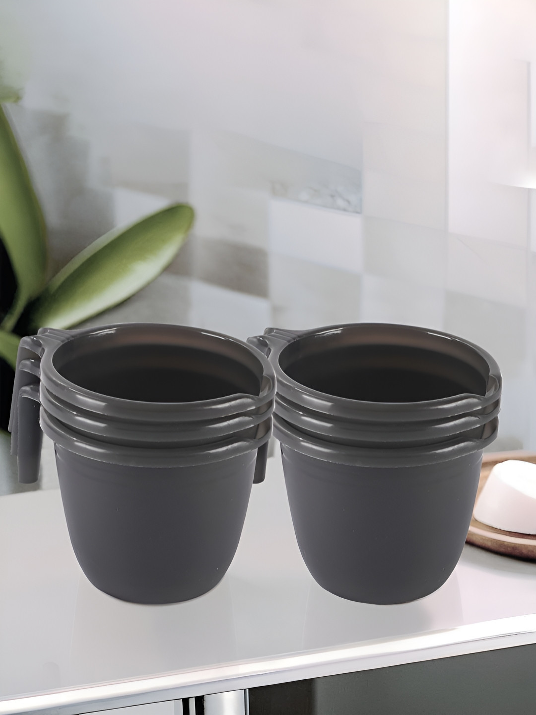 Aura Black 6 Pcs Multi-Functional 1 Liter Plastic Mug Bathroom Durable Daily Use