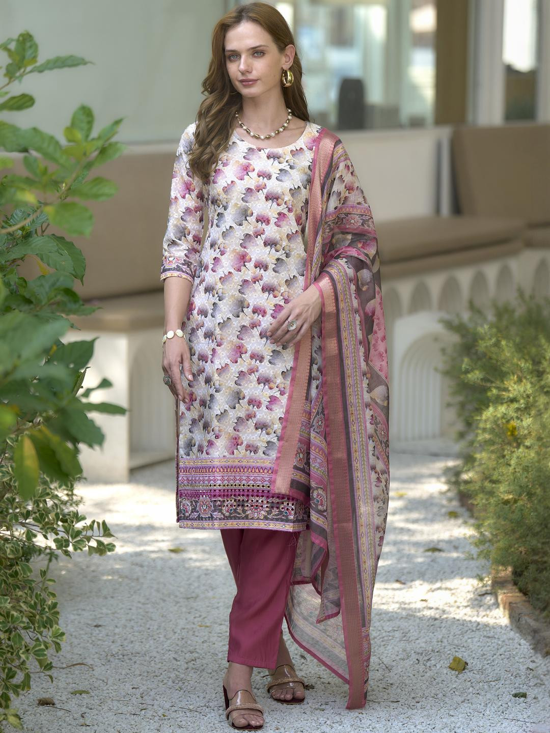White Cotton Printed Kurta Set with Embroidered Neckline & Linen Dupatta | Everyday Elegant Ethnic