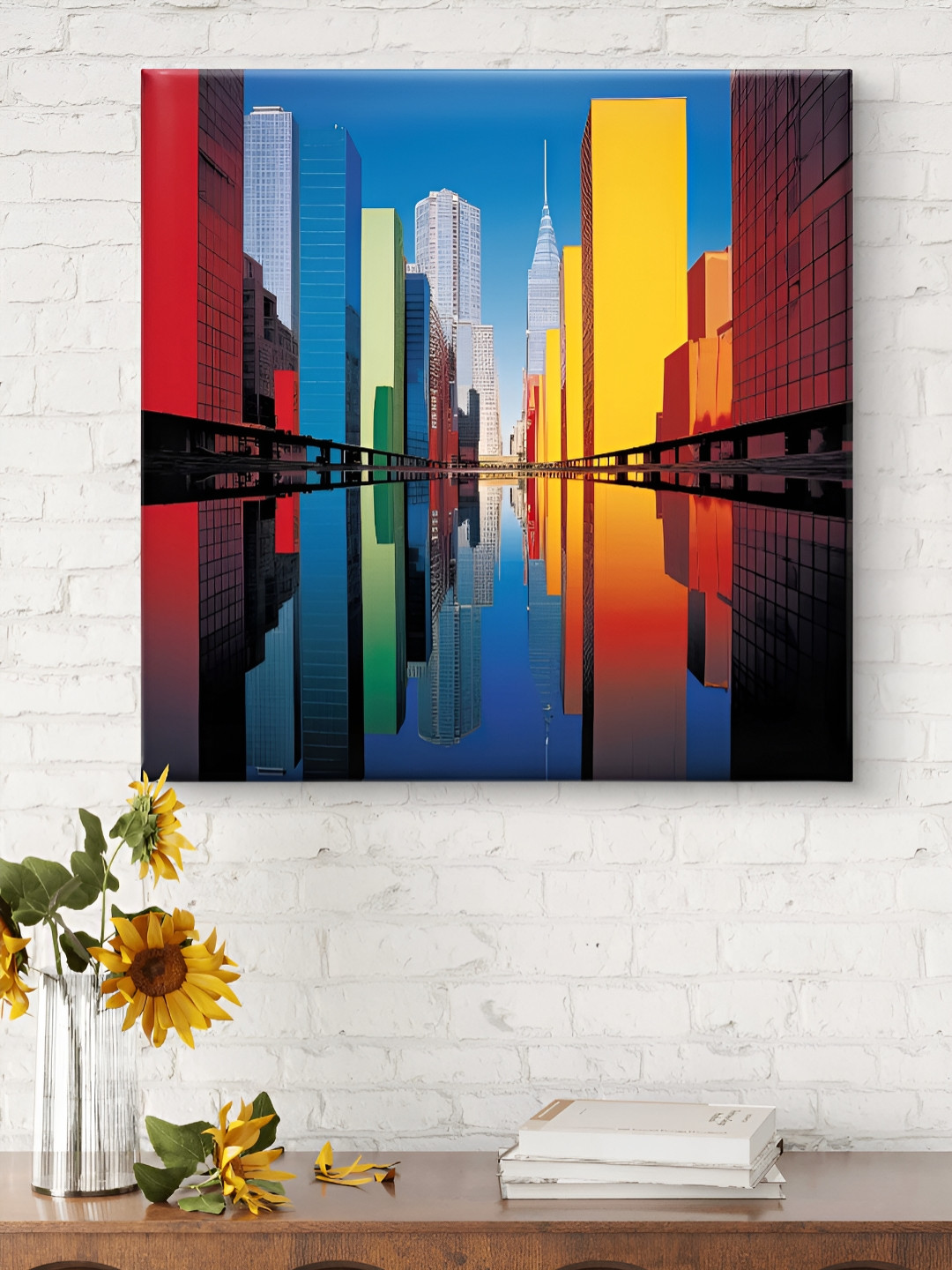 SAF Blue & Red Cityscape Printed Canvas Wall Art
