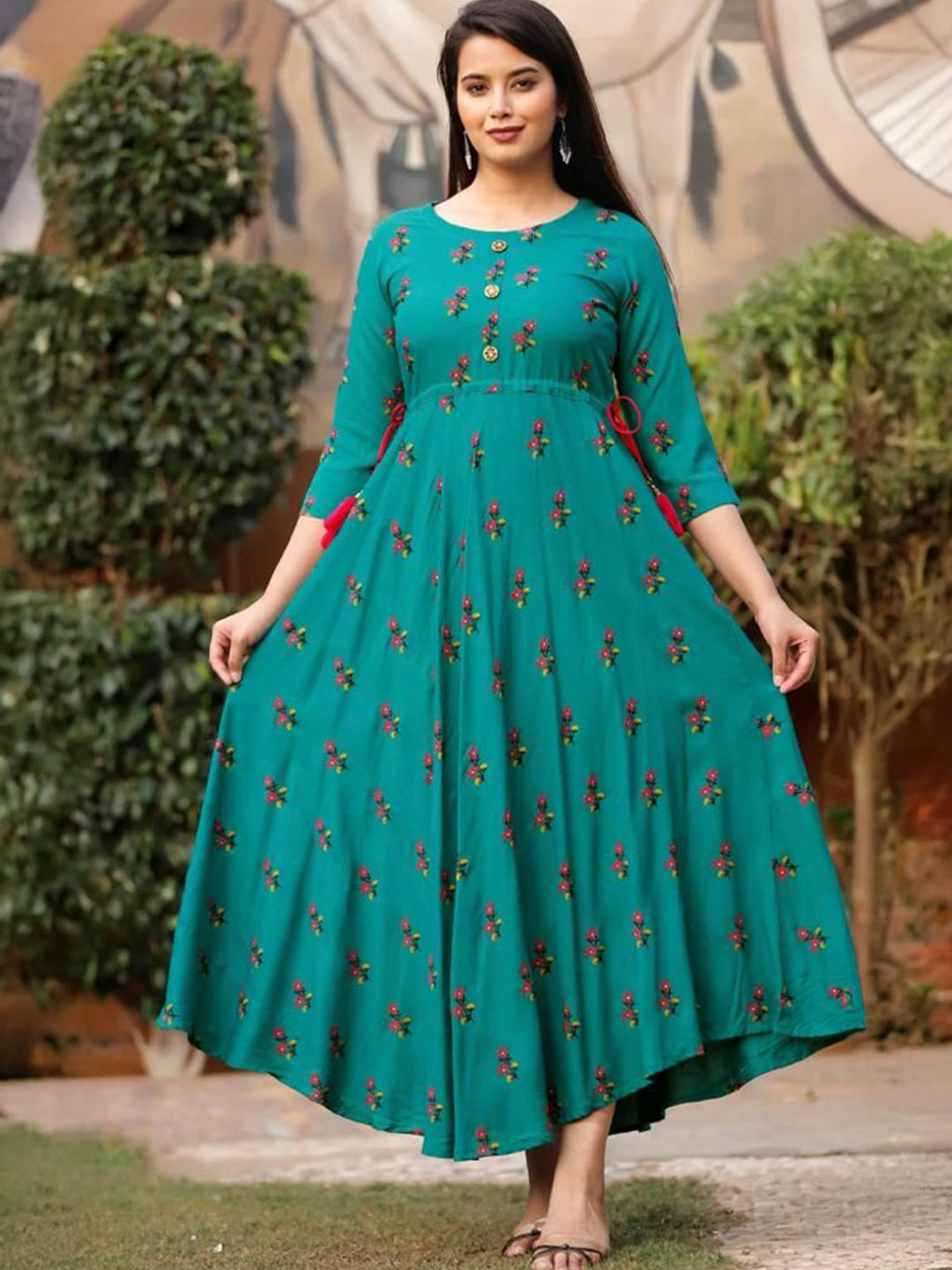 MAYANA Floral Printed Fit and Flare Maxi Ethnic Dress