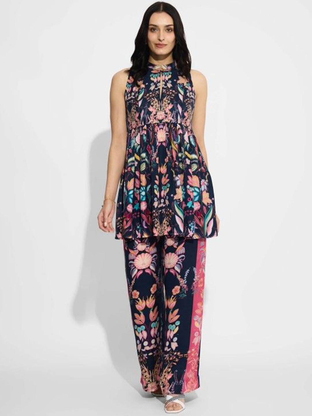 SHASHA GABA Printed Mandarin Collar Neck Top With Trousers Co-Ords
