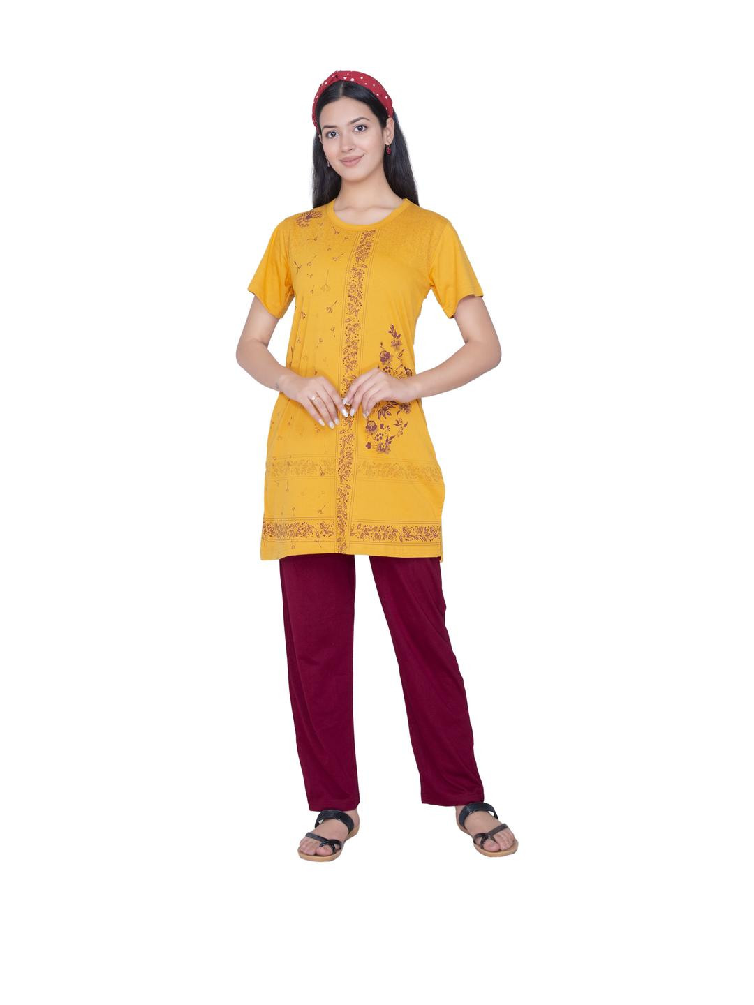 AWIBE Womens Cotton Long Top Printed Night Suit