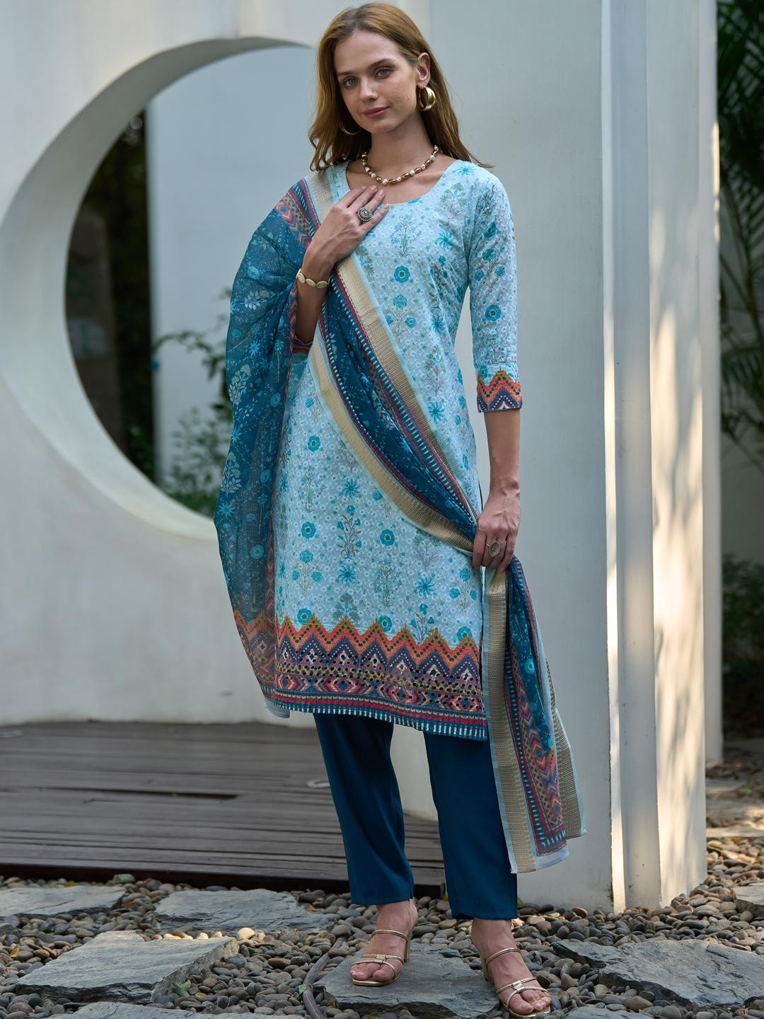 Light Blue Cotton Printed Kurta Set with Embroidered Neckline & Linen Dupatta | Summer Ethnic