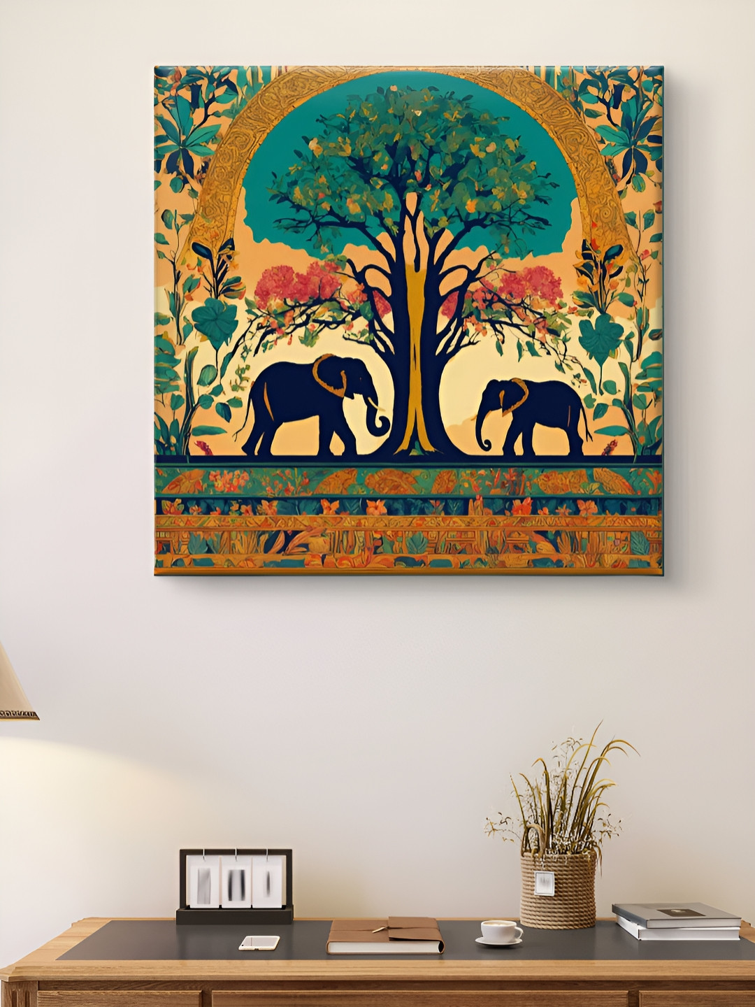 SAF Brown & Green Elephant Tree of Life Canvas Painting Wall Art