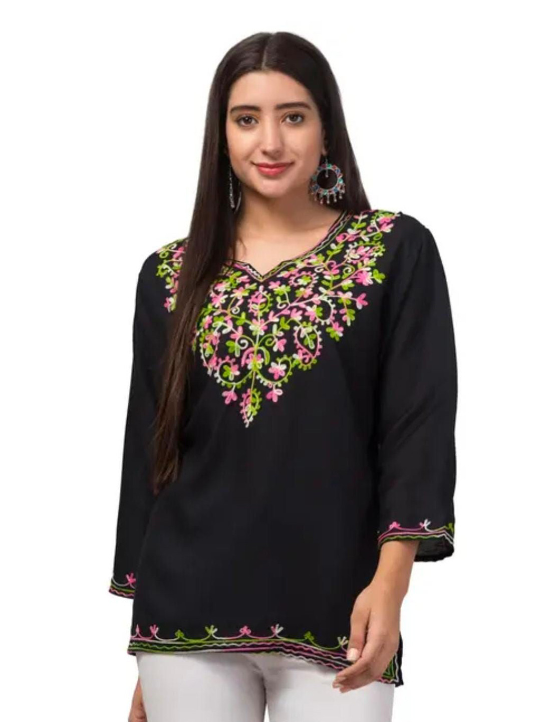 CROWN KING Floral Embroidered Thread Work Regular Straight Kurti