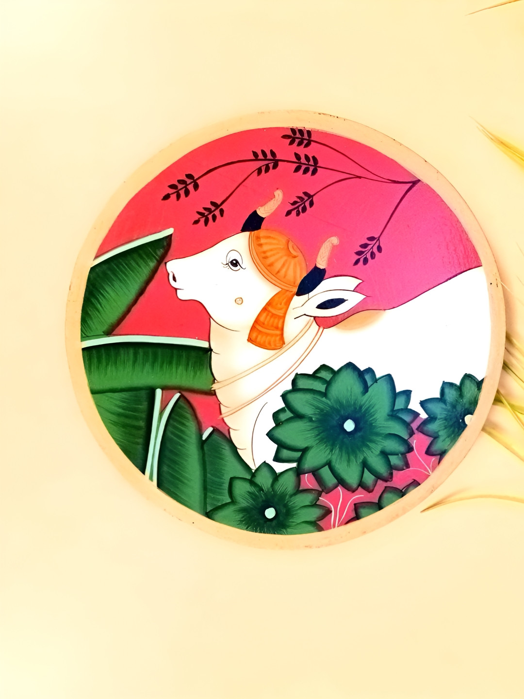apka mart Red & White Wooden Pichwai Cow Wall Art