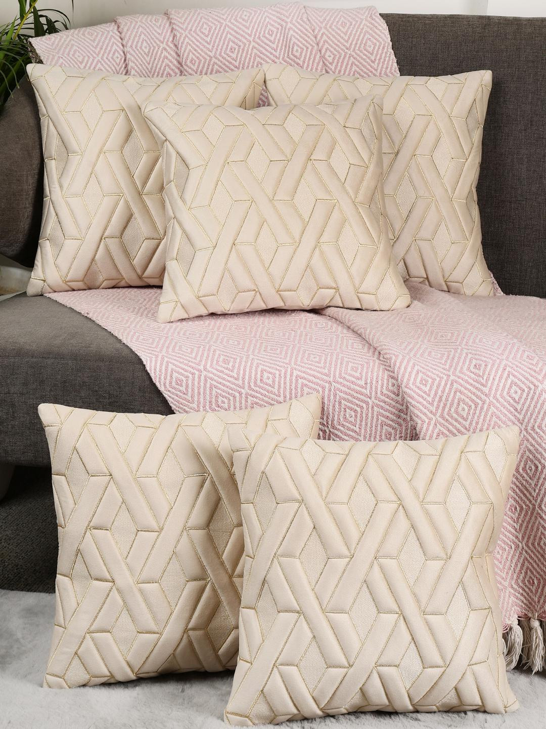 MONKDECOR Cream-Coloured & Gold-Toned Set of 5 Geometric Velvet Square Cushion Covers