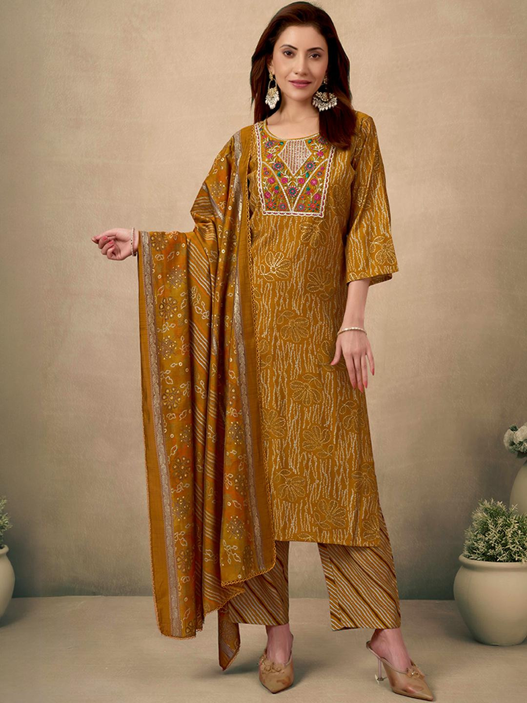 Peachmode Women Bandhani Printed Regular Thread Work Chanderi Silk Kurti set