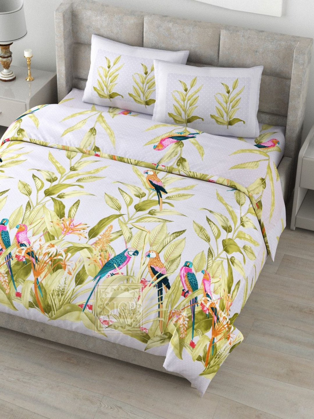 Myntra Elegant Homes Digital Grey Floral Cotton Breathable 180 TC King Bedsheet with 2 Pillow Covers-106 x 106 inches