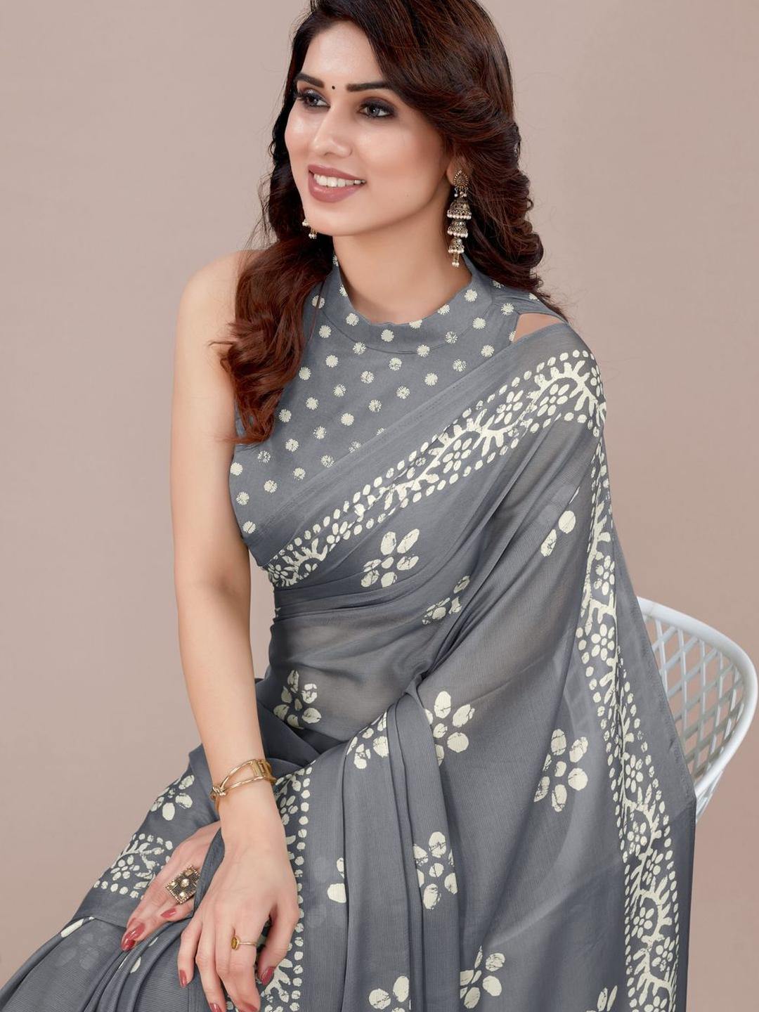 KALINI Grey Poly Chiffon Sarees
