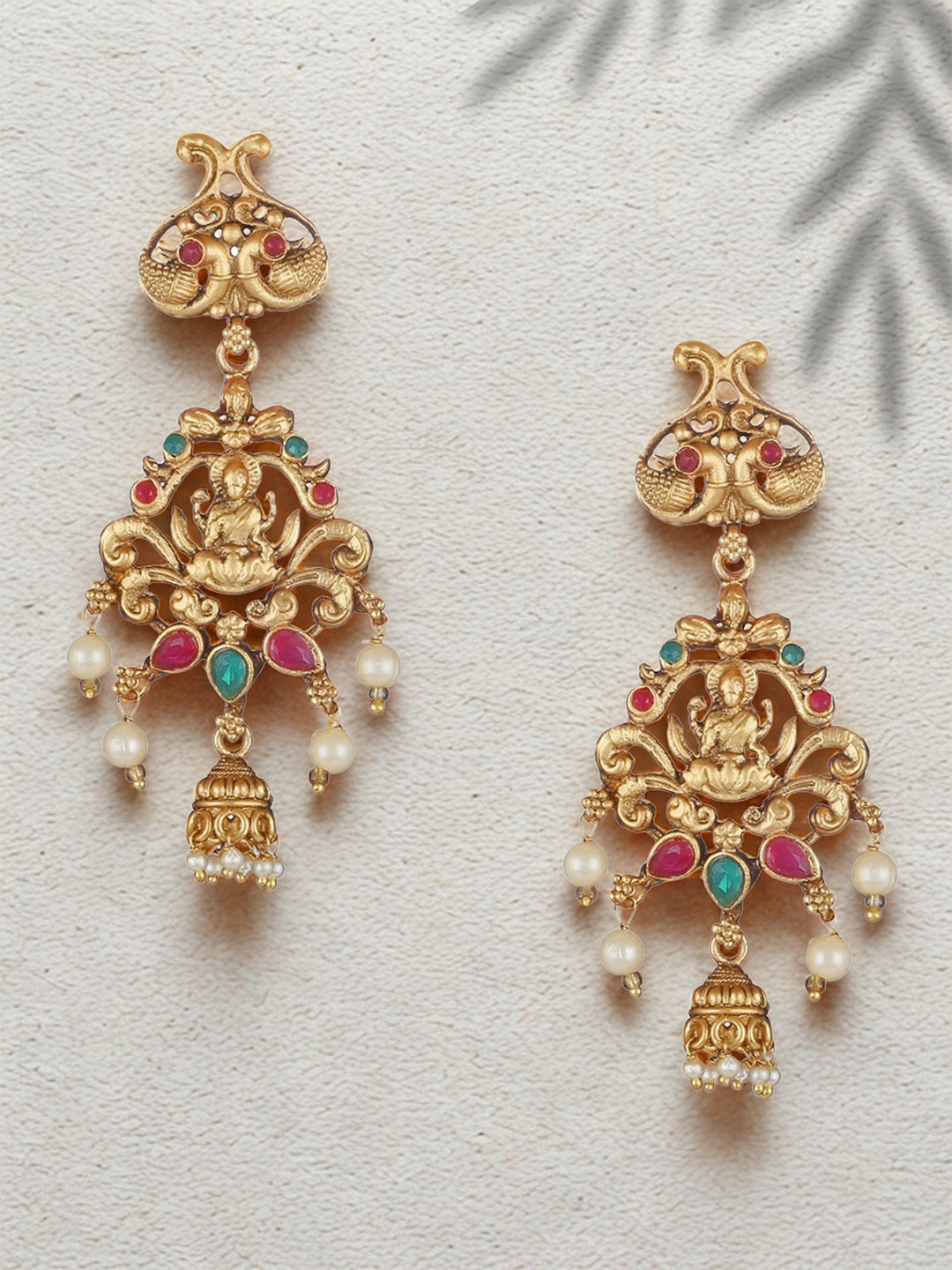 Adwitiya Collection Gold-Plated Stone-Studded Beaded Lord Laxmi Shaped Drop Earrings