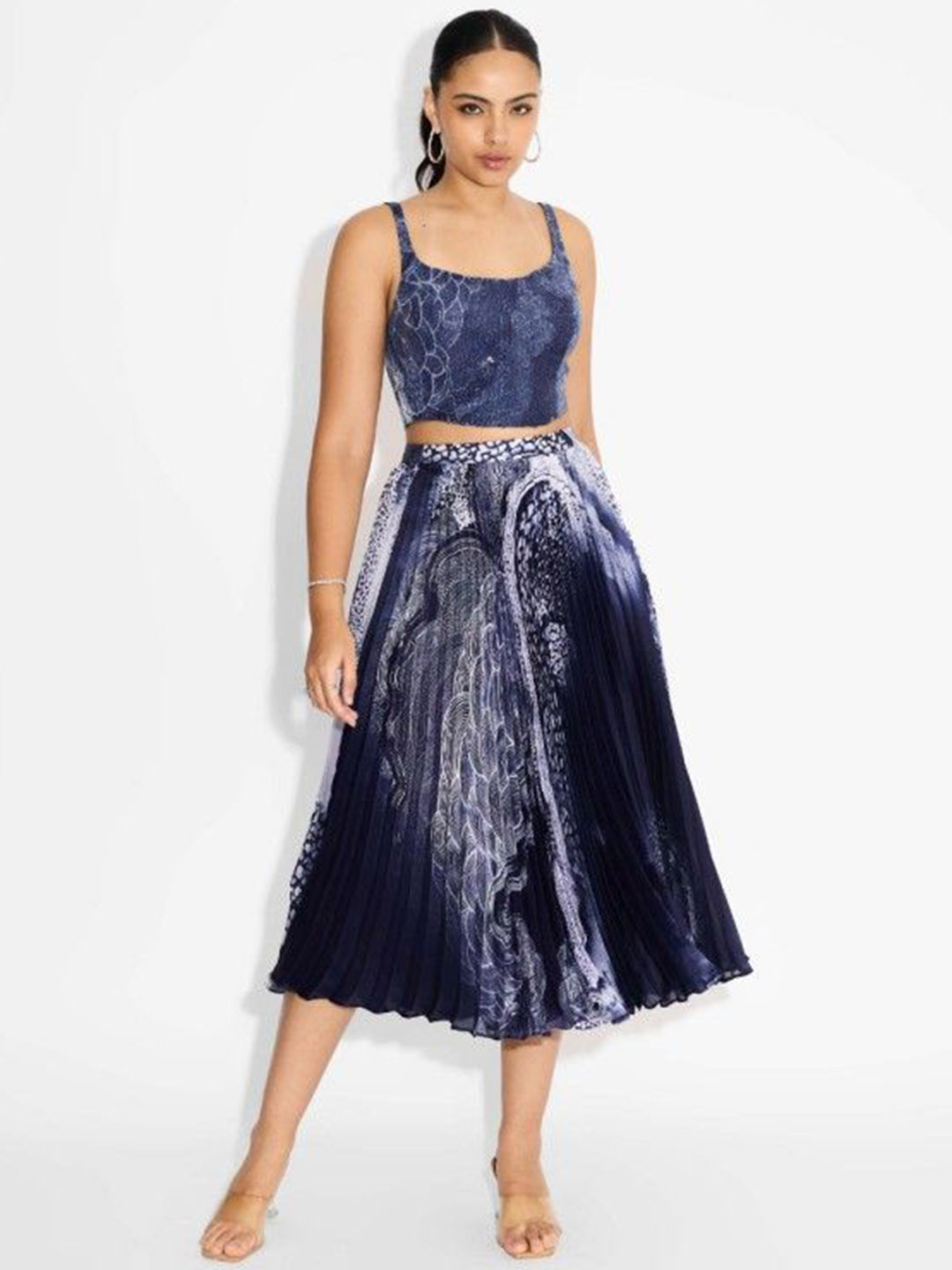 SHASHA GABA Printed Flared Pleated Midi Skirt