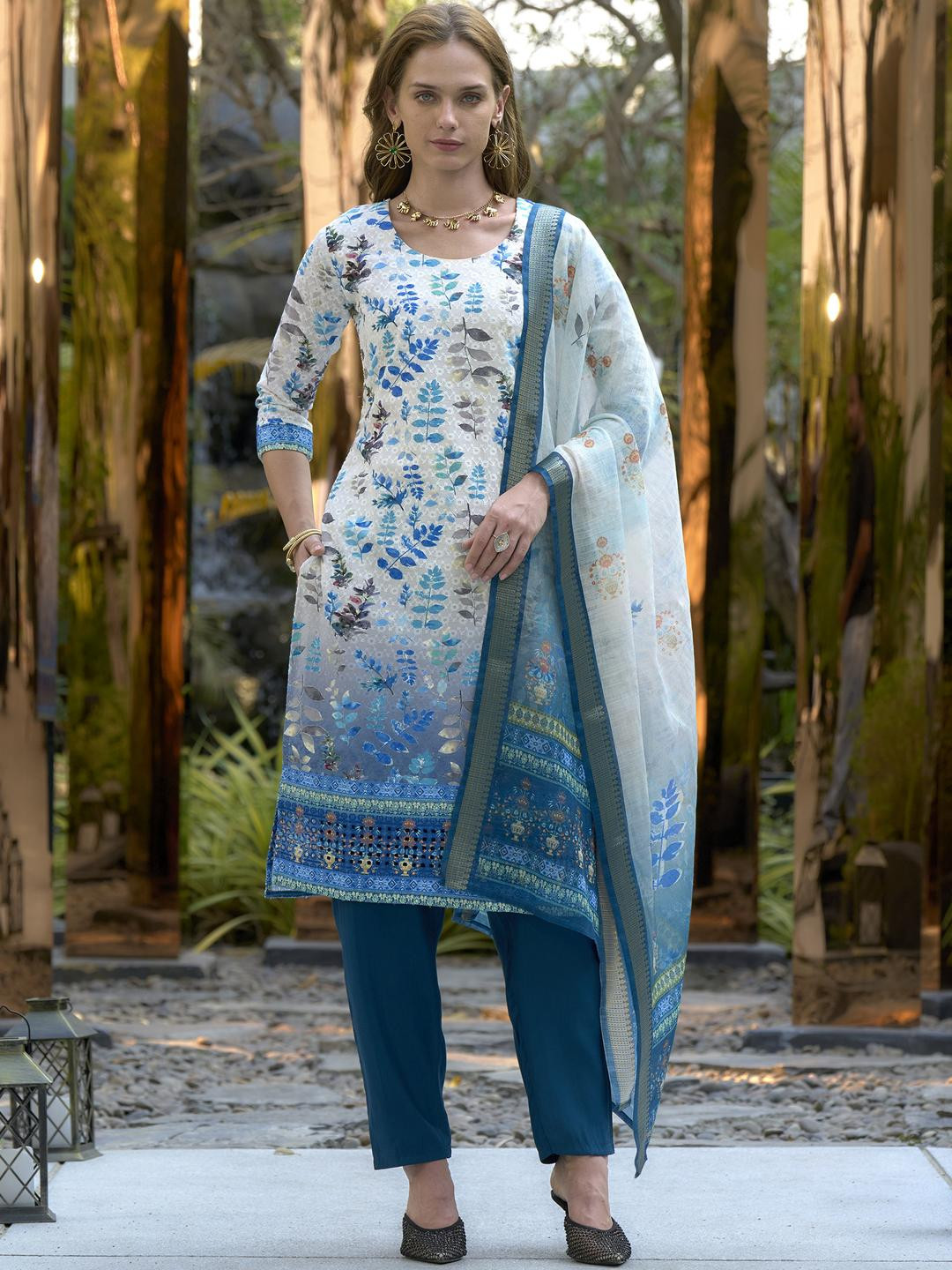 Pristine White Printed Cotton Kurta Set with Linen Dupatta