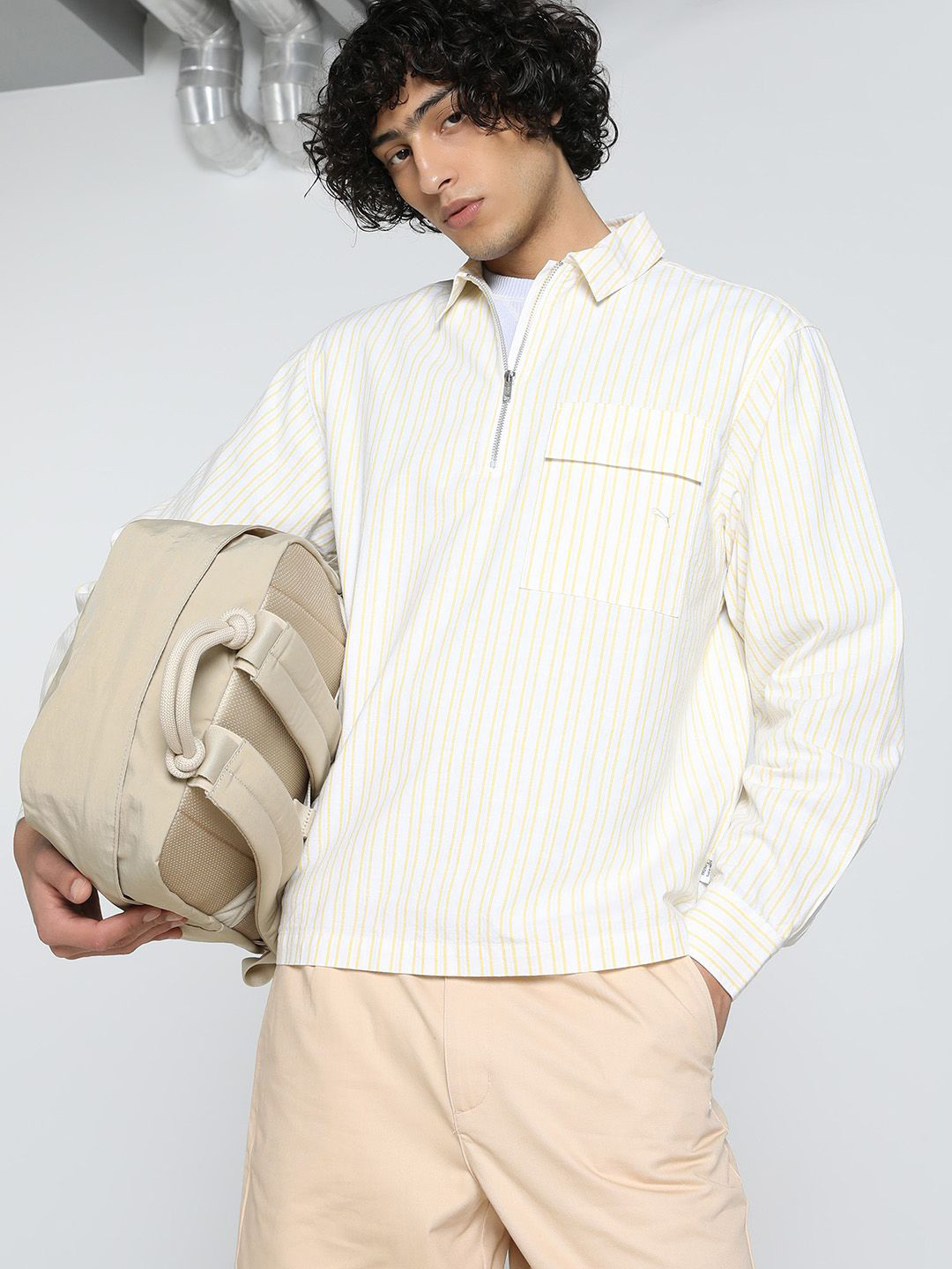 Puma Mmq Striped Pure Cotton Half-Zip Relaxed Fit Shirt