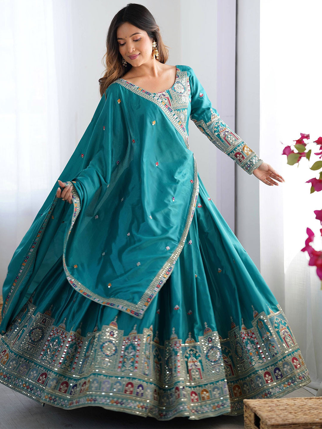 JIHU CULTURE Embroidered Sequinned Semi-Stitched Lehenga & Unstitched Blouse With Dupatta