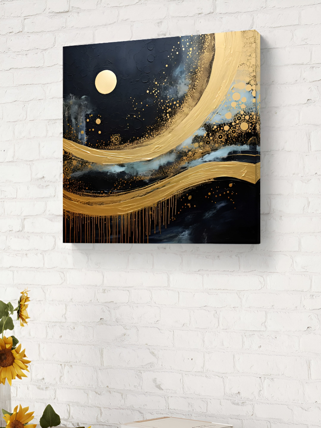 SAF Navy Blue & Gold Toned Wave Printed Canvas Wall Art