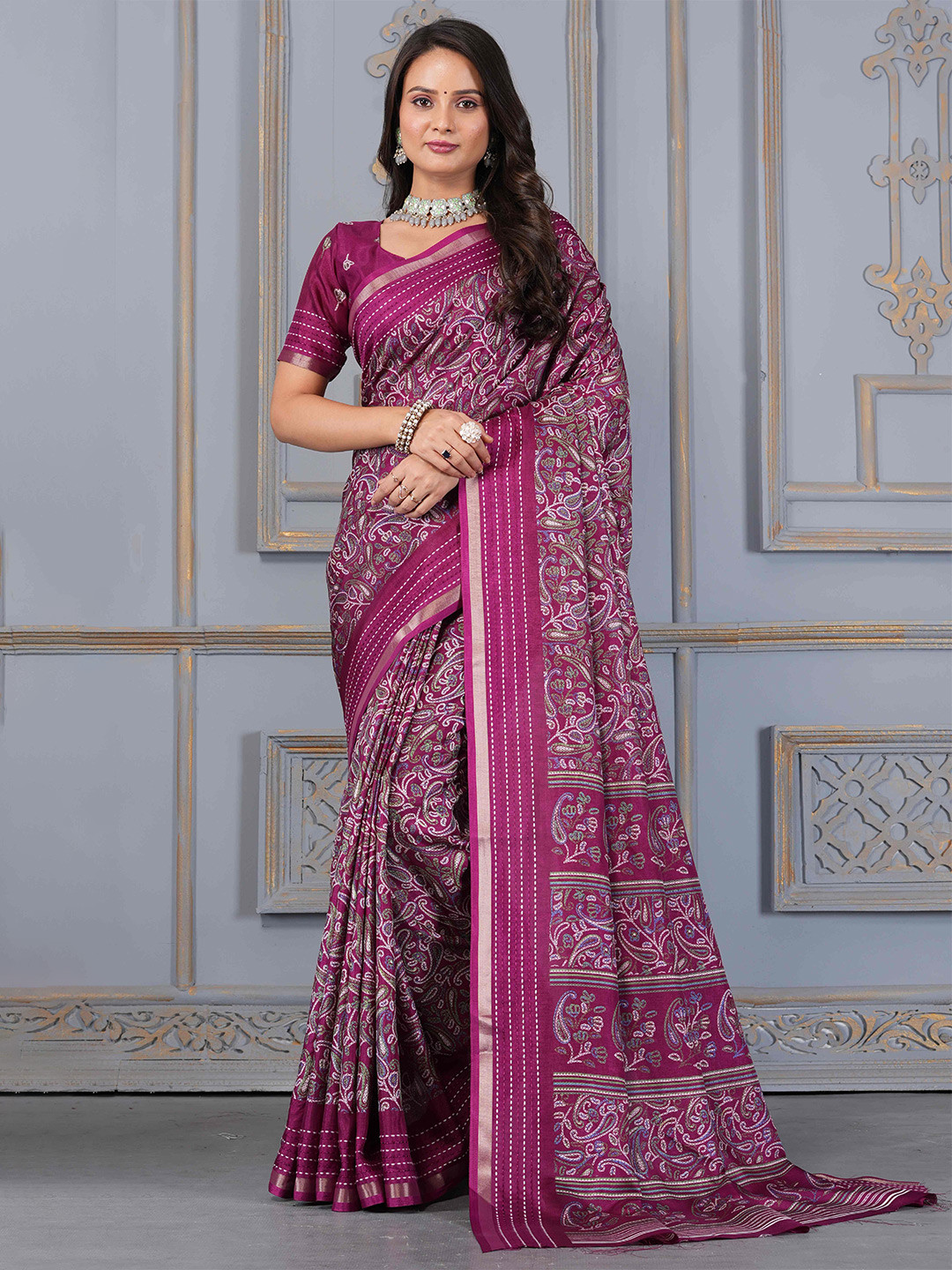 STAVA CREATION Ajrak Block Zari Saree