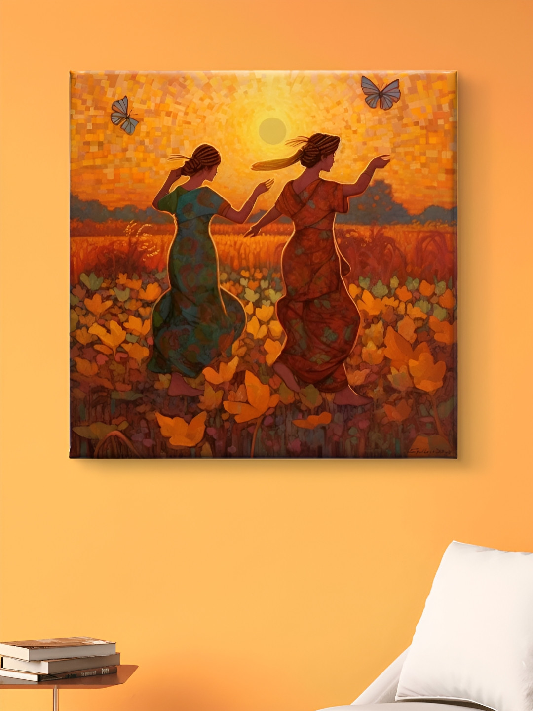 SAF Orange Colored & Brown Dancing Women Printed Canvas Wall Art