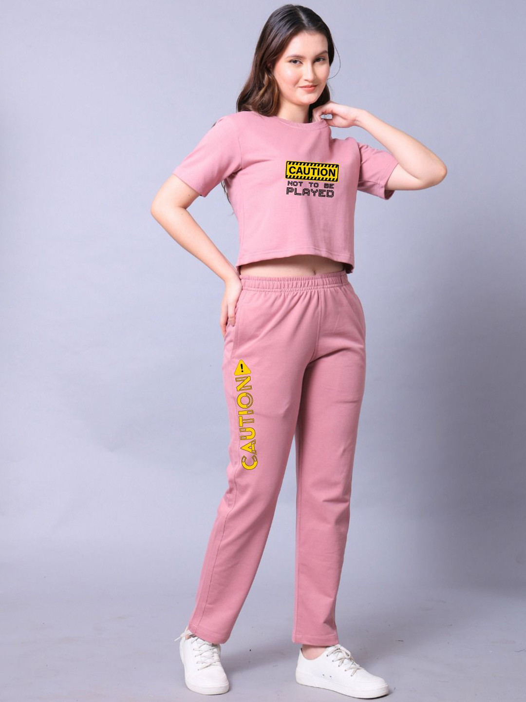 Lazy Lush Pink Typographic Printed Round Neck Crop Top With Trousers