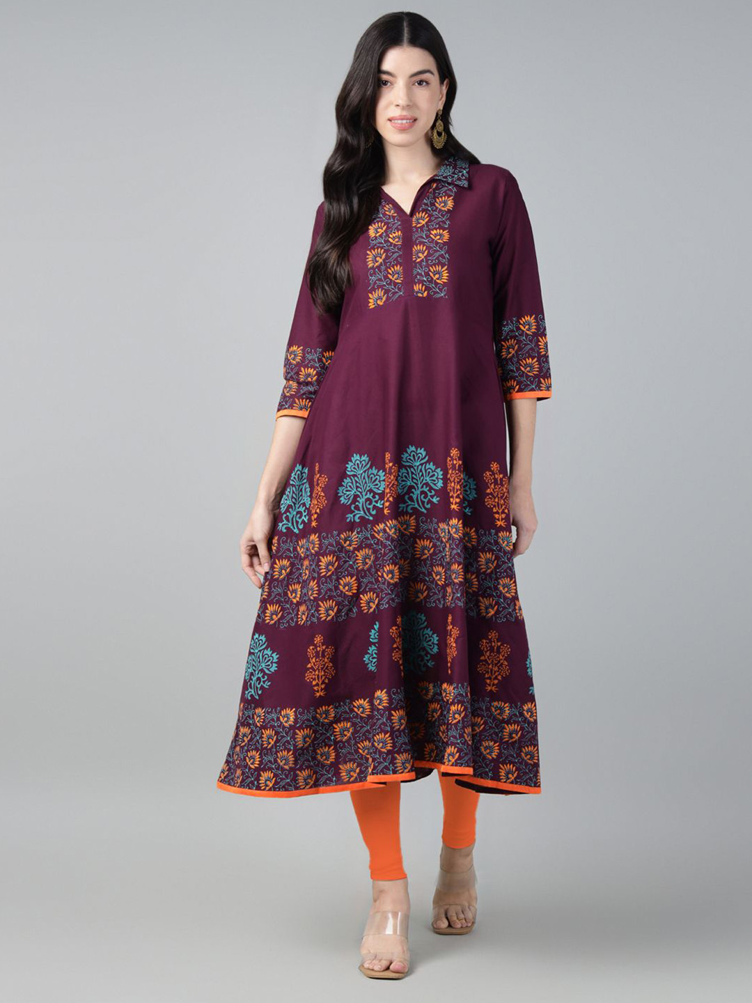 CROESUS Floral Block Printed Shirt Collar Panelled Cotton Anarkali Kurta