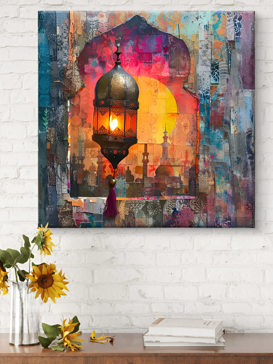 SAF Blue & Orange Colored Lantern Printed Canvas Wall Art