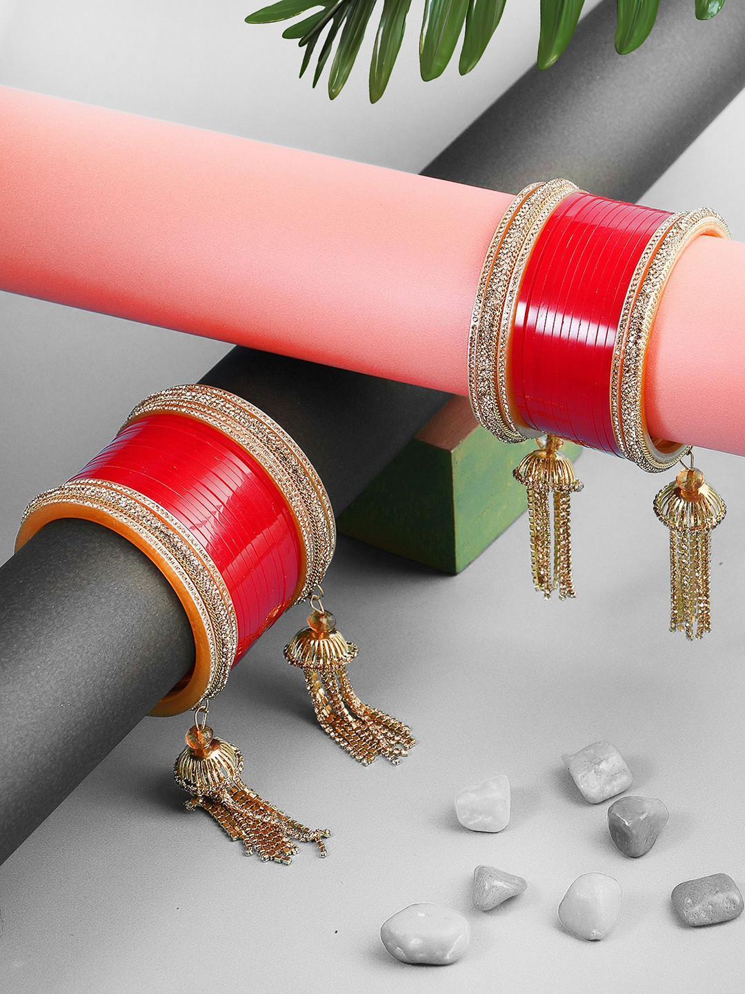 Adwitiya Collection Set Of 36 Gold-Plated Stone Studded Wedding Chuda Bangles with Hanging