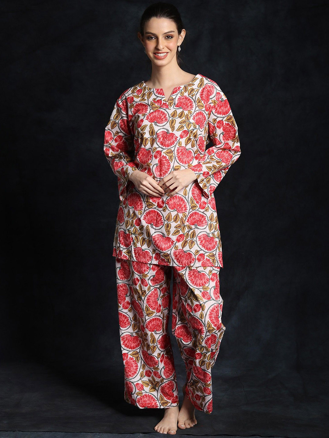 Exotic India Snow-White Floral Printed Pure Cotton Top With Palazzo Co-Ords