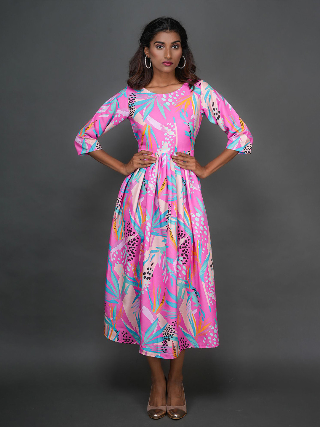 GO BOUJEE  Women Floral Print Gathered or Pleated Dress