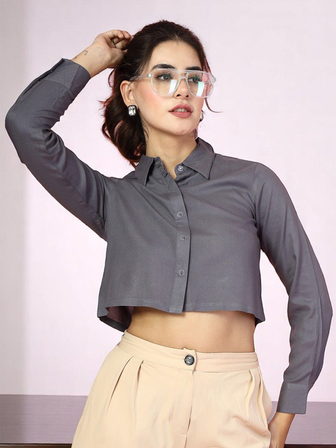 OOMPH! FACTOR Cutaway Collar Crop Shirt