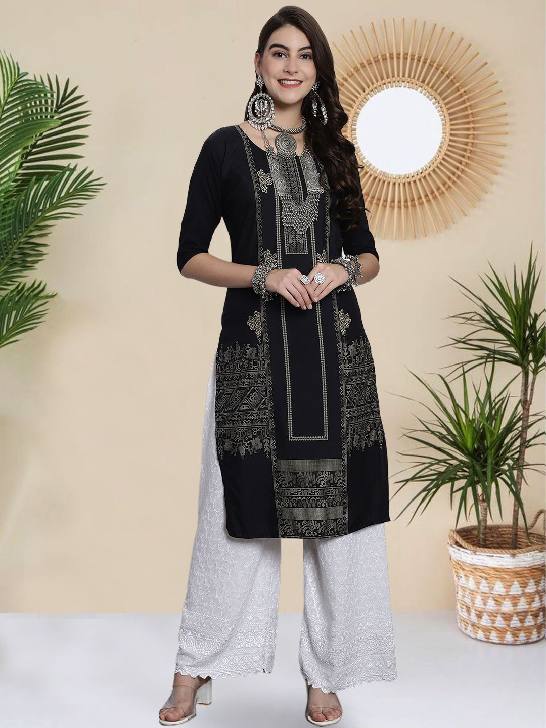 HERE&NOW Ethnic Motifs Printed Round Neck Straight Kurta