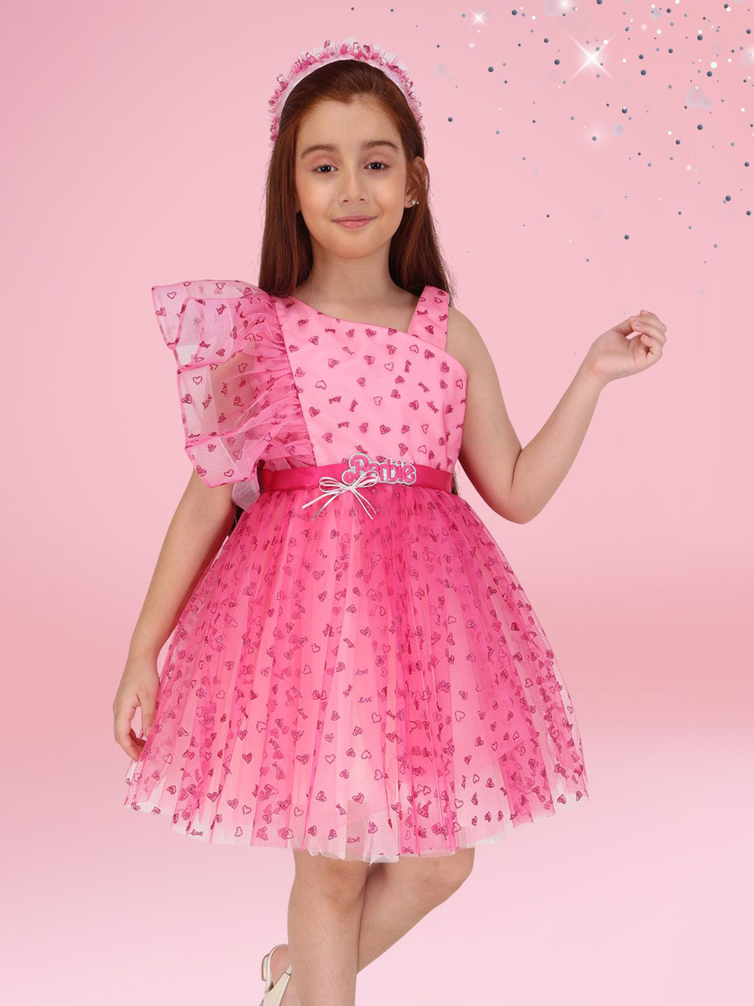 CUTECUMBER Girls Embellished Barbie Net Fit & Flare Dress
