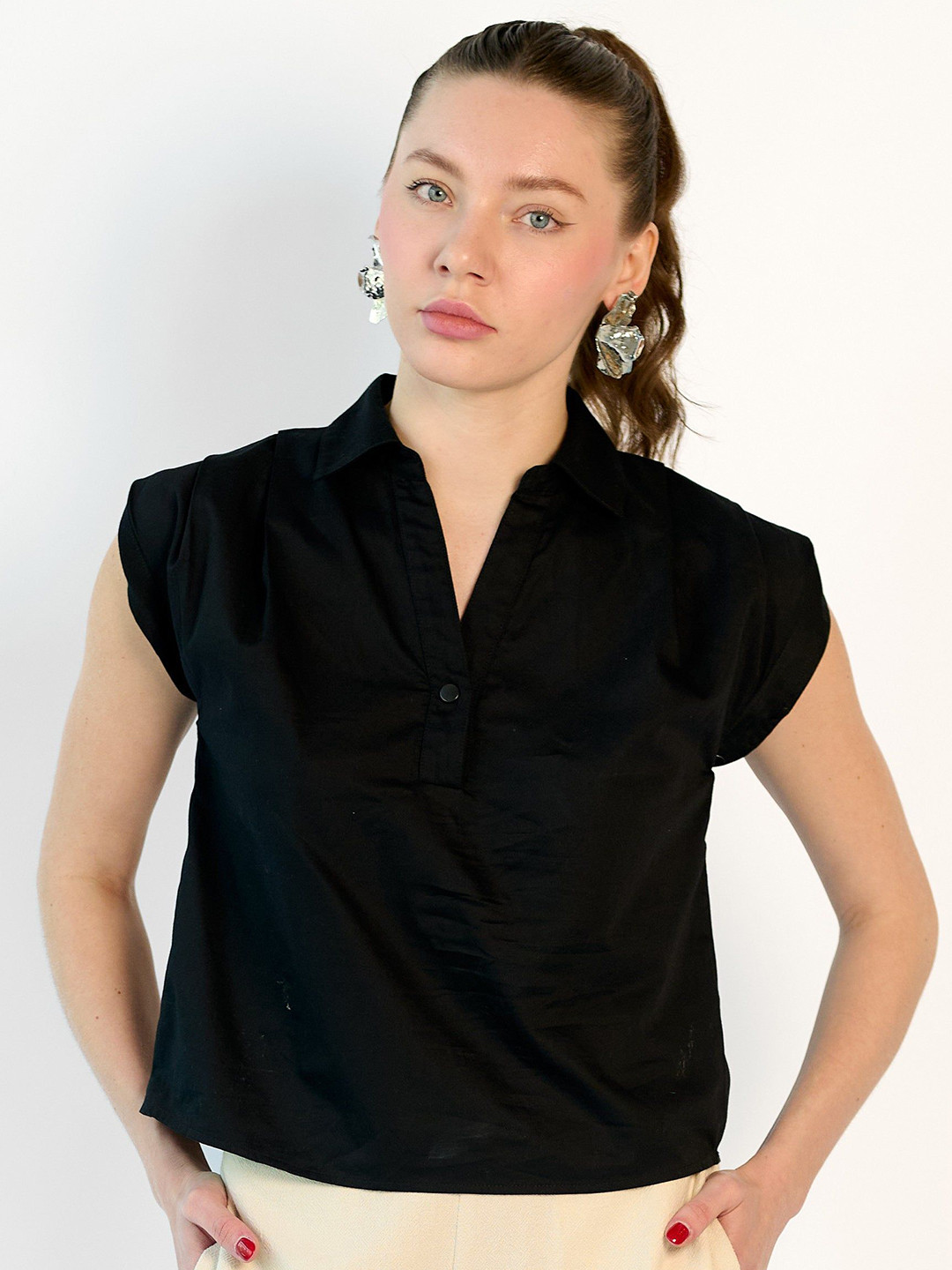 Virgio Pure Cotton Pleated Popper Crop Top