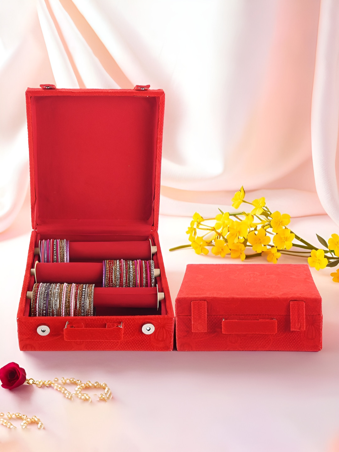 Aura Red Set of 2 Removable 3-Rod Bangle Box Organisers Storage Box with Magnetic Lock