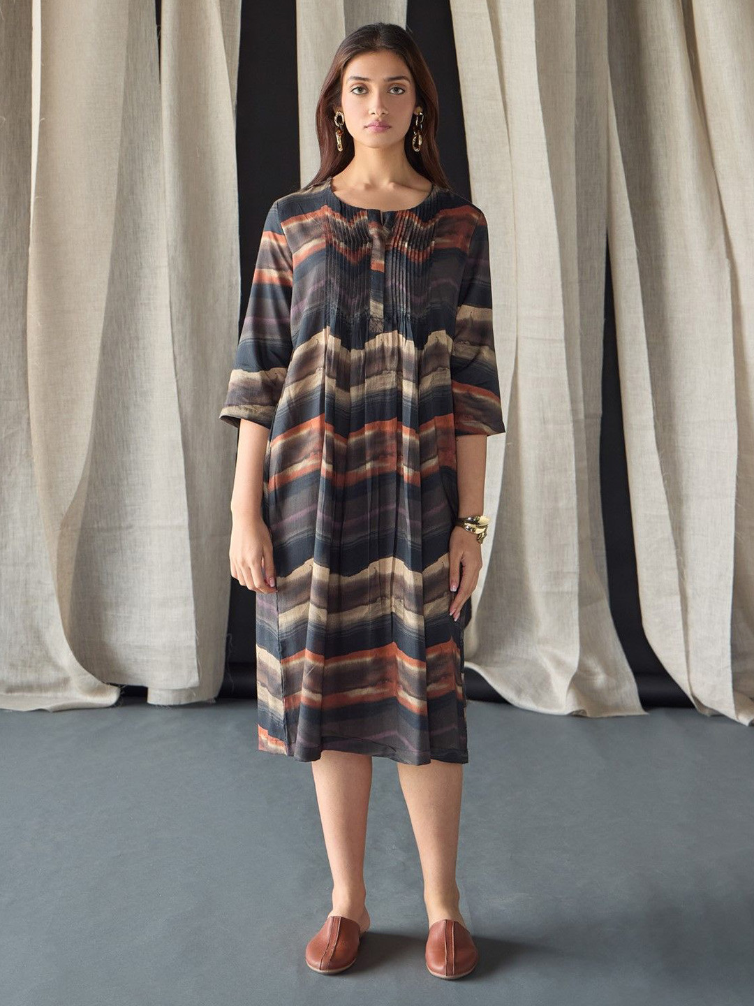 Bombay Bloom Women Valley Paint Flowy Silk A-Line Midi Dress