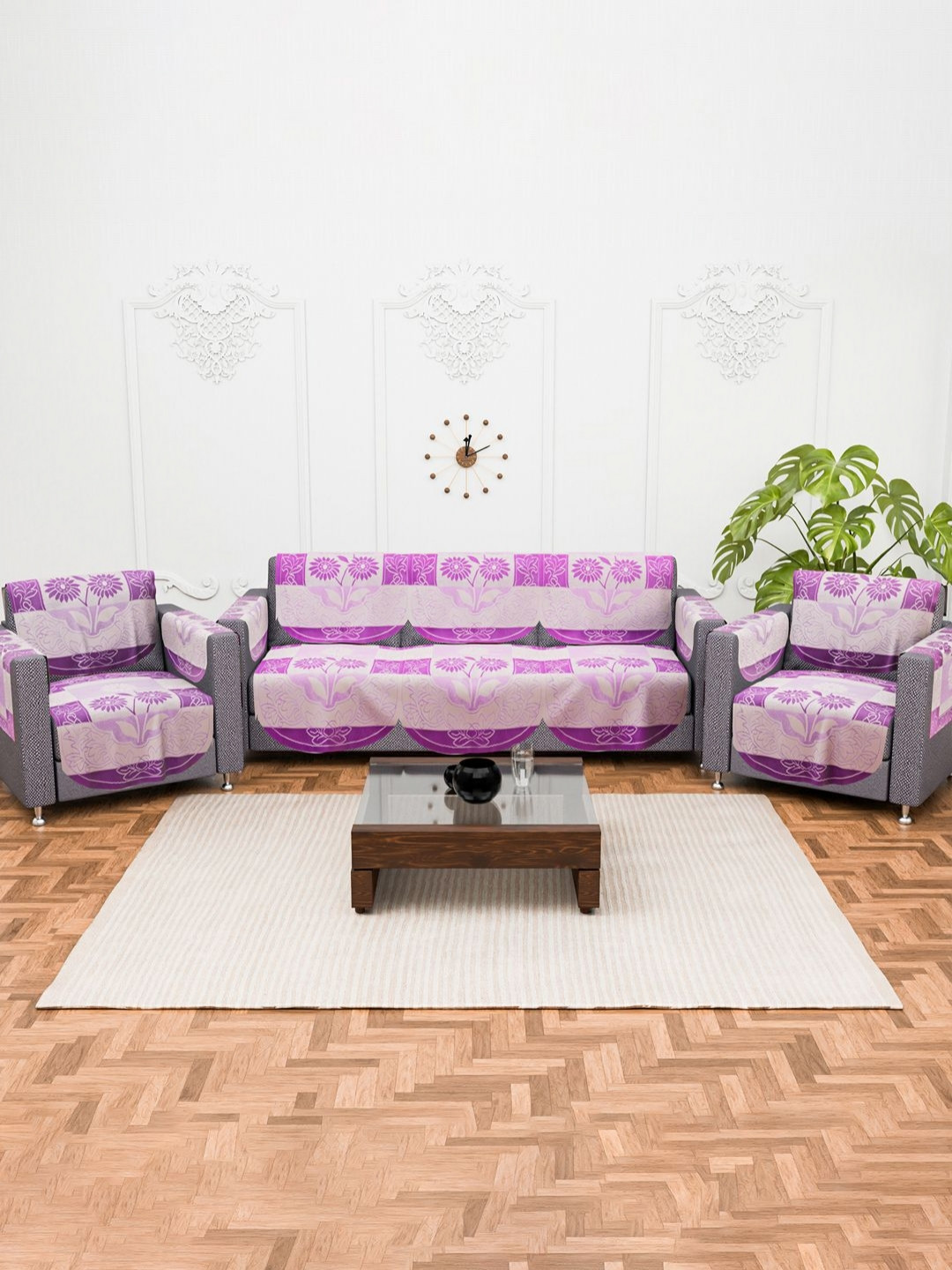 Aura Purple & White Set of 16 Stylish & Durable Cotton 5 Seater Sofa Covers with Arms