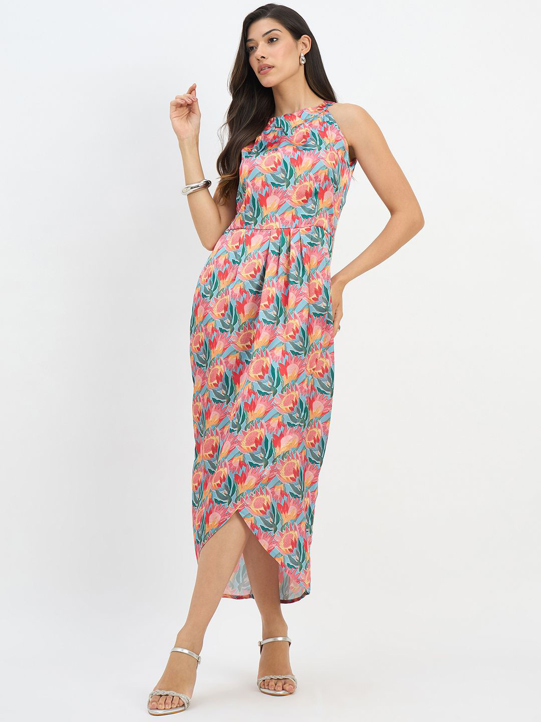 Color Cocktail Women Floral Print Halter Neck Satin Dress