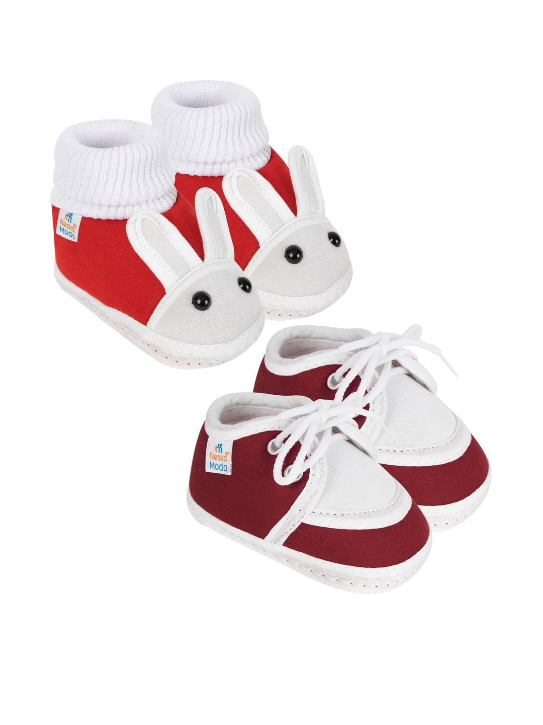 NESKA MODA 3 To 12 Months Infants Set of 2 Pair Soft Cotton Rabbit Face Lace Booties