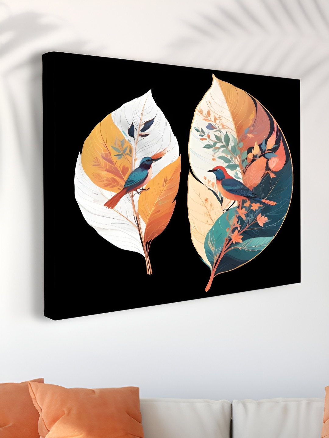 Myntra Elegant Homes Black & Orange Colored Birds On Leaf Printed Canvas Wall Art