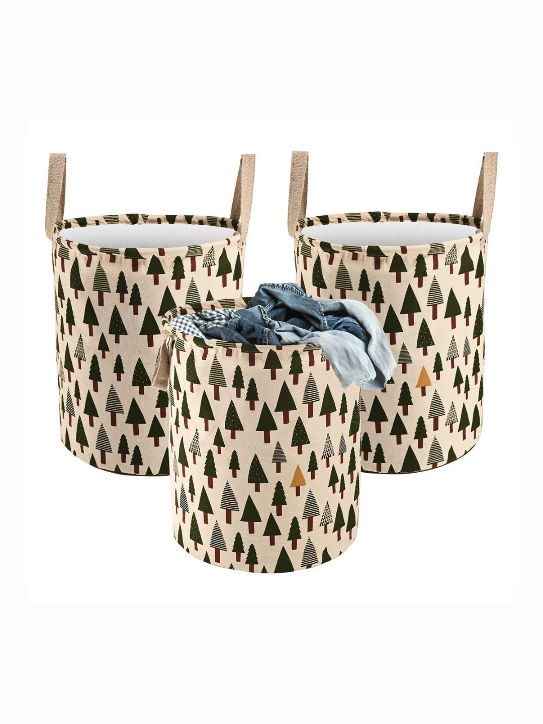 Aura 3Pcs Beige & Green Tree-Printed Foldable Laundry Bag With Handle - 60 L