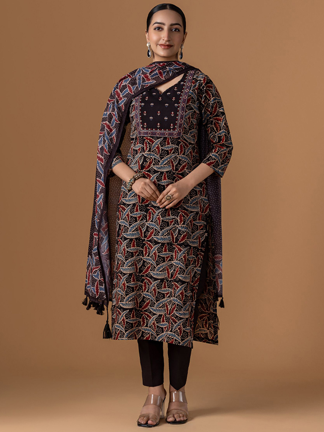 WOMEN PLUS Women Embroidered Pure Ajrakh Cotton Suit Set