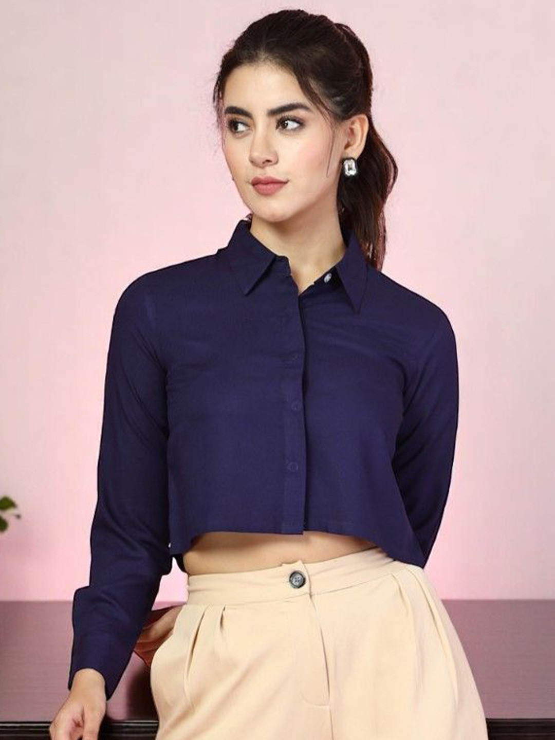 OOMPH! FACTOR Cutaway Collar Crop Shirt
