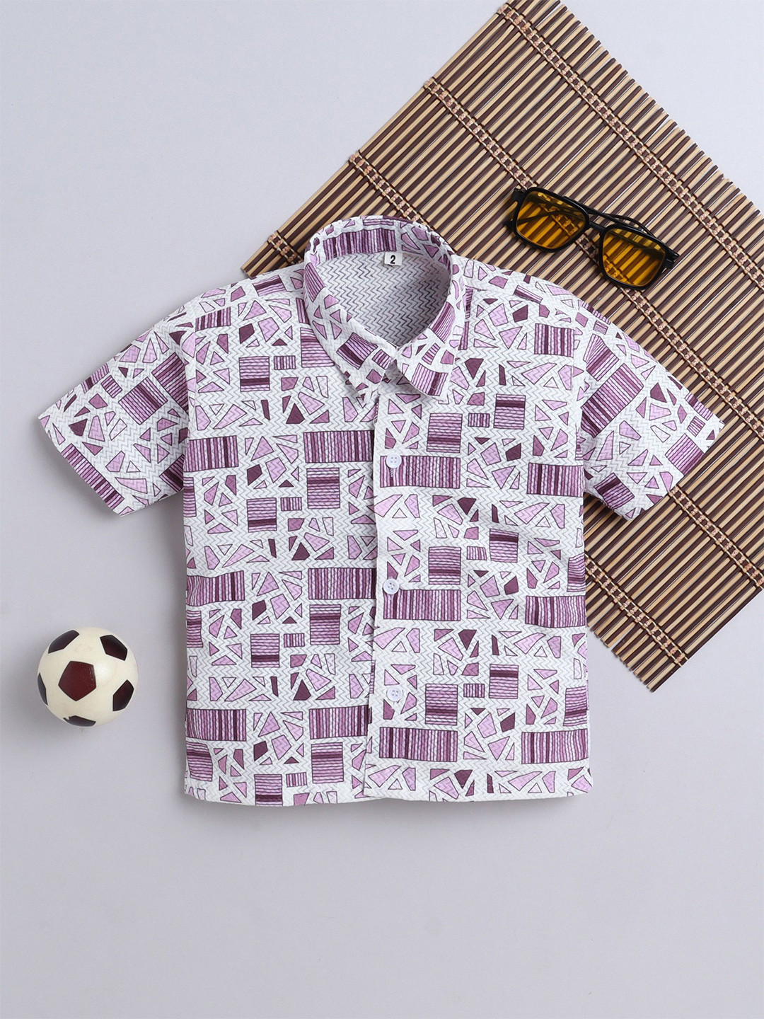 FOURFOLDS Boys Geometric Printed Spread Collar Cotton Casual Shirt